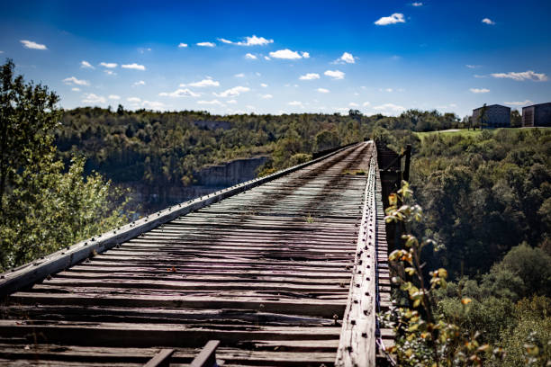 Wooden bridge over Kentucky river previously used for train tracks leading to Bourbon distillery warehouses