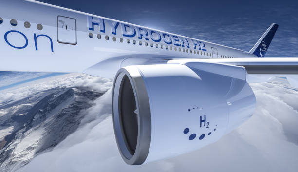 istock Blue Hydrogen filled H2 Aeroplane flying in the sky - future H2 energy concept. 1347569897