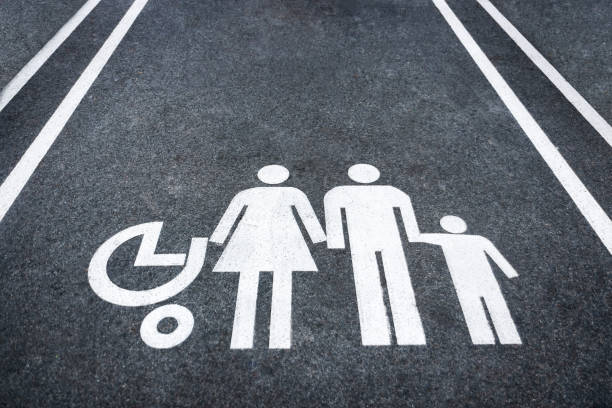 White illustration of a family at the shopping mall parking place.