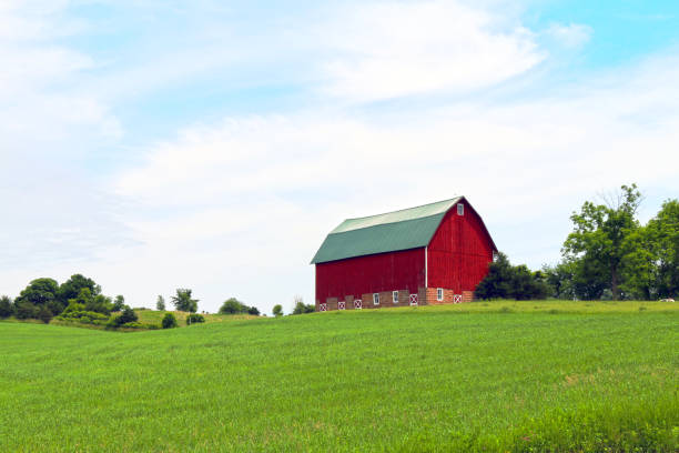 istock bright red farm barn building on a bright green pasture hillside under cloudy blue sky 1347571880
