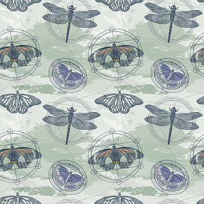 A vintage styled seamless pattern with insects- moths, butterflies, and dragonflies- on a runic, sacred geometry background.