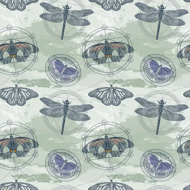 Vector illustration of Moth, Butterfly and Dragonfly Sacred Geometry Seamless Pattern