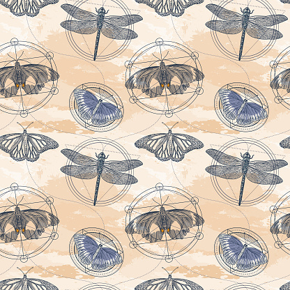 Moth, Butterfly and Dragonfly Sacred Geometry Seamless Pattern