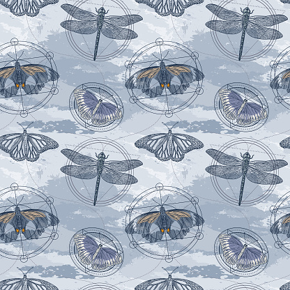 Moth, Butterfly and Dragonfly Sacred Geometry Seamless Pattern