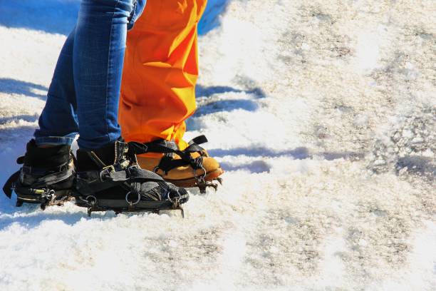 Close up of lower legs of two travelers starting climb to glacier. Feet of couple in love in shoes crampons on glacial trail. Romantic hiking. Outdoors activity, trekking by glaciers and snow mountains. primer plano de las piernas inferiores de dos viajeros que comienzan a subir al glaciar. pies de pareja enamorados en zapatos crampones sobre sendero glaciar. senderismo romántico. actividad al aire libre, trekking por glaciares y montañas nevadas