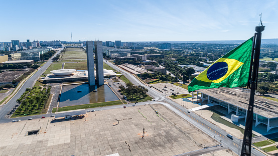 Aerial photo of the National Congress, seat of the Brazilian Legislature, located in Brasilia, capital of Brazil.