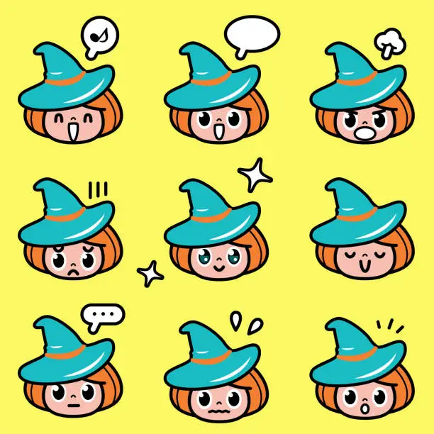 Vector illustration of Halloween icon set of a cute witch with nine facial expressions in color pastel tones