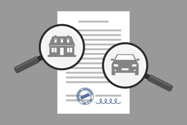 Document and two magnifiers with car and house icons vector art illustration