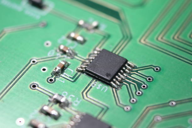 istock Electronic board with circuit lines and chip 1347581901