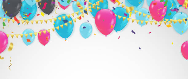 istock Colorful balloons blue pink with triangular party flags, confetti and paper streamers Place for your text. Design 1347586042