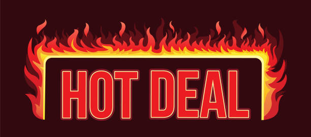 A sign of a hot deal with a burning fire Creative banner with fire around the letters. Design element for web pages, print assets, events, advertising, branding, shares, promotion. Vector illustration. buy single word stock illustrations