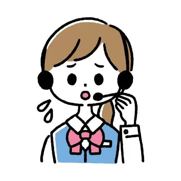 Vector illustration of Illustration of a woman working in a call center. A female employee in trouble. Handling a complaint call.