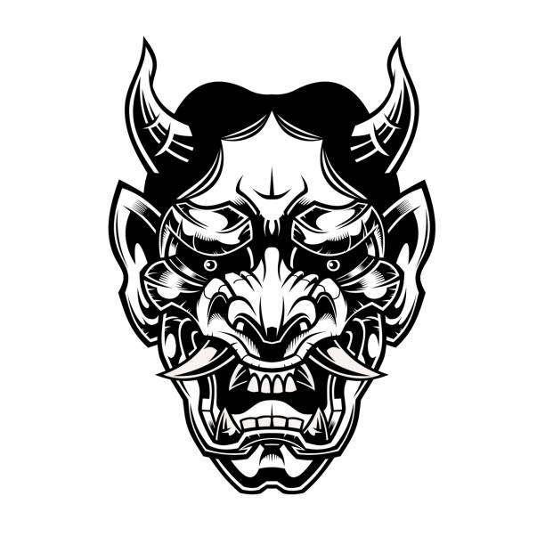 Mask of Hannya. Demon mask. Vector illustration for use as print, poster, sticker, logo, tattoo, emblem and other. hannya stock illustrations