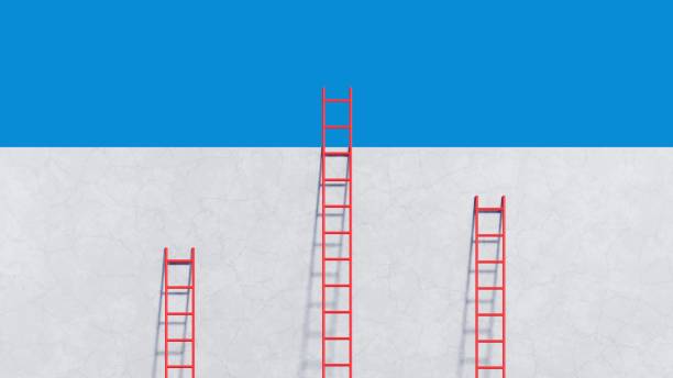 istock Red step ladder on concrete wall and blue sky background.Business and creative ideas concept.3D Rendering illustration. 1347592045