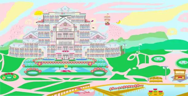 Vector illustration of Bright Colorful Eight-Storey Classy Crystal Bunny Rabbit Hotel and Suites Building with Elevators and Boat Pier Cartoon Style Children's Art Illustration 2021