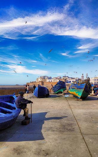 Harbor of old city of Essaouira with Atlantic Ocean in Morocco