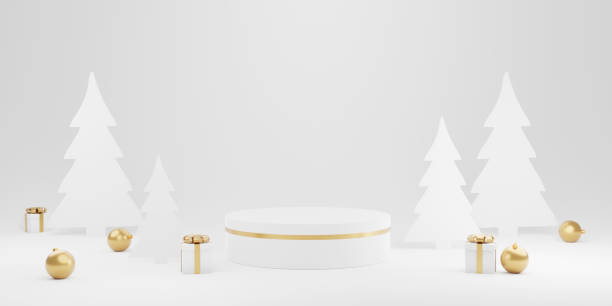 istock Christmas interior display product with white and gold platform. Stand, podium, pedestal for product mockup. 3d rendering illustration 1347603268