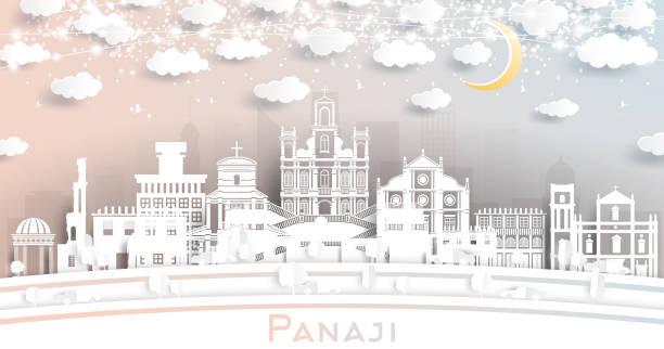 ilustraciones, imágenes clip art, dibujos animados e iconos de stock de panaji india city skyline en estilo de corte de papel con edificios blancos, luna y guirnalda de neón. - panjim