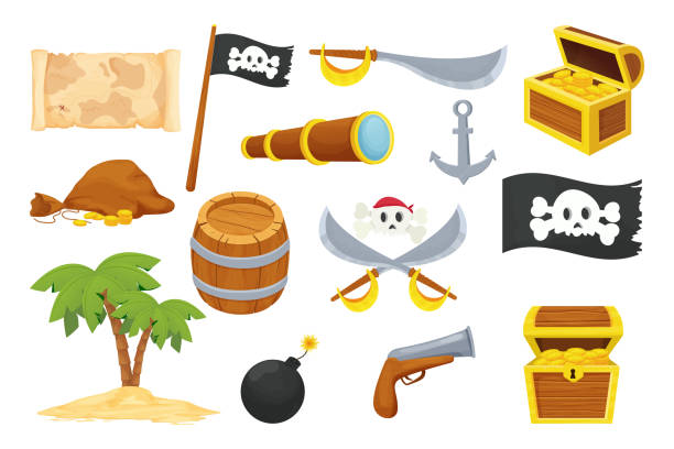 ilustrações, clipart, desenhos animados e ícones de conjunto pirata com crânio engraçado, baú de tesouro de madeira, barril, arma, bandeira preta e mapa em estilo desenho animado isolado em fundo branco. elementos caribenhos, coleção de aventuras. busca de tesouros. . ilustração vetorial - coin gold black background wood