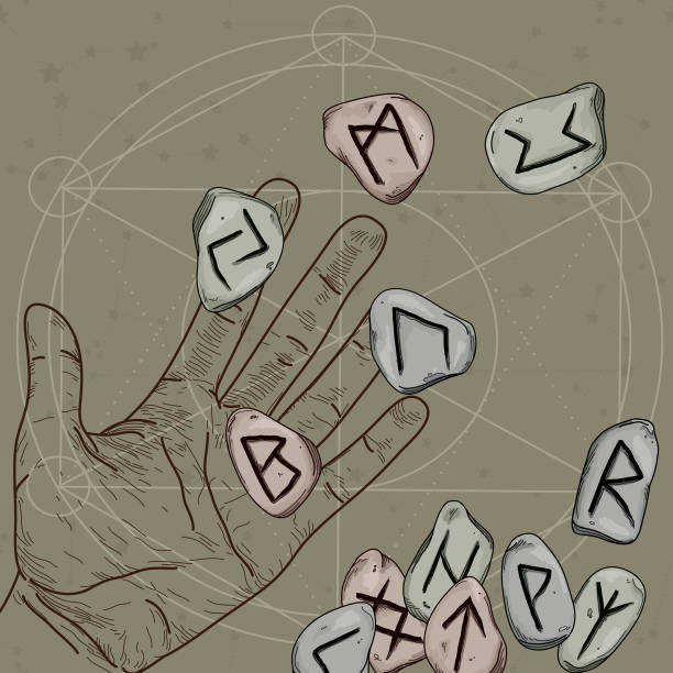 Line Art Hand Casting Nordic Rune Stones Line art of a hand casting nordic rune stones on a sacred geometry mat. runes stock illustrations