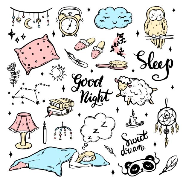 ilustrações, clipart, desenhos animados e ícones de conjunto vetorial com elementos sobre o tema do sono. travesseiro, coruja, cordeiro, menina dormindo, estrelas, luz noturna. estilo doodle. boa noite. dormir - camisola