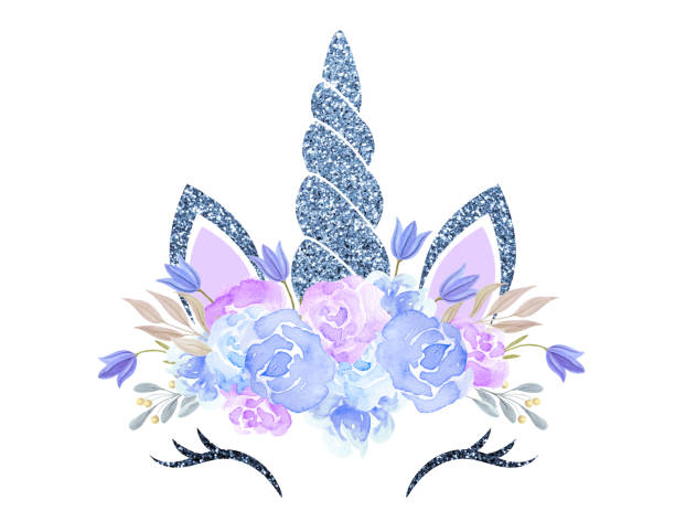 Fabulous cute unicorn with glittering blue horn and beautiful roses flowers, bluebells wreath Fabulous cute unicorn with glittering blue horn and beautiful roses flowers, bluebells wreath isolated on white background unicorn face stock illustrations