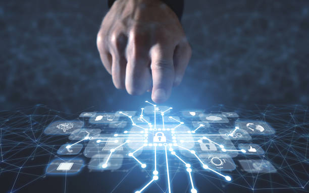 istock Male hand pushing in network and digital icons. Data protection. Internet security 1347612994