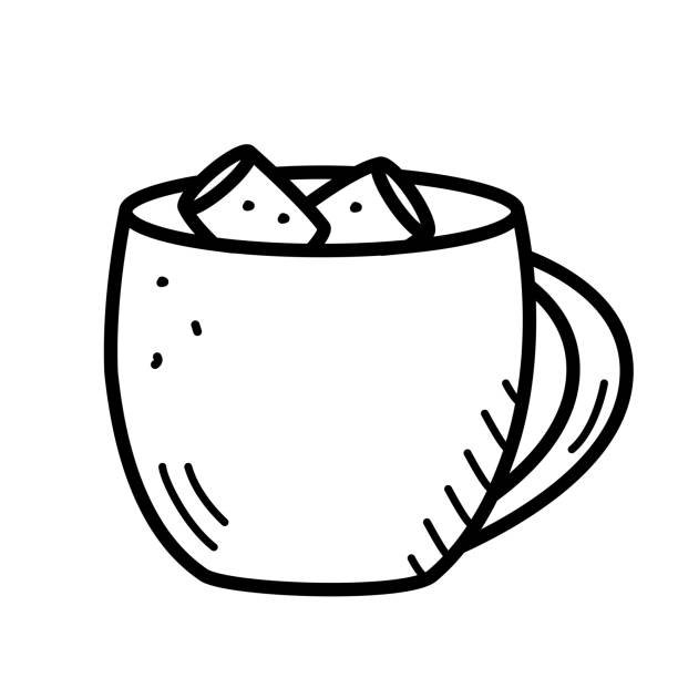 ホットチョコレートとマシュマロカップアイコン、落書きスタイルの漫画ベクトルイラスト。白で隔離されています。 - hot chocolate coffee isolated on white cup点のイラスト素材／クリップアート素材／マンガ素材／アイコン素材