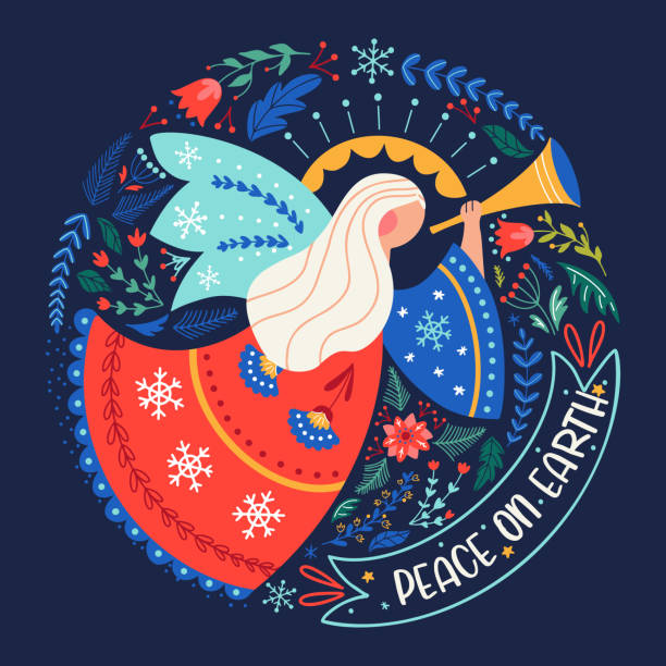 ilustrações, clipart, desenhos animados e ícones de cartão cristão vetor de anjo de natal desenhado - religious heritage