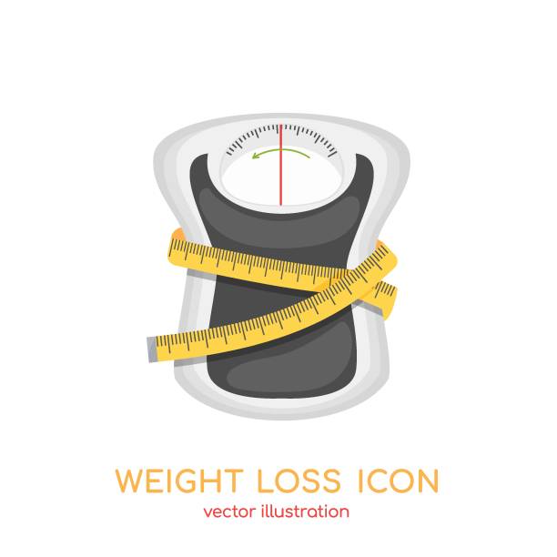 Weight loss icon, measuring tape around scales shaped of waist. Advertising of weight control app, slimming program Weight loss icon, measuring tape wrapped around scales shaped of waist. Slimming, fitness, diet, healthy lifestyle. Vector illustration for sport wellness app, weight control application advertising. scale weight stock illustrations