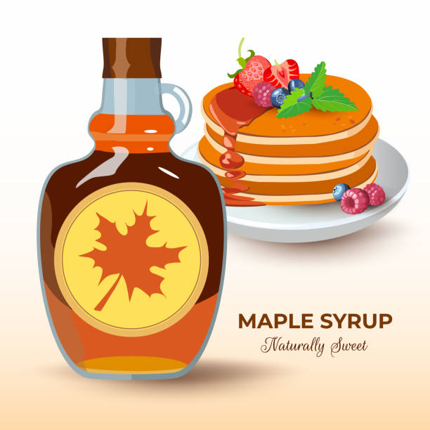 Bottle of natural sweet maple syrup with stacked pancakes with blueberry, strawberry and raspberry on banner. Classic hotel breakfast, brunch healthy start day. Vector illustration. Bottle of natural sweet maple syrup with stacked pancakes with blueberry, strawberry and raspberry on banner. Classic hotel breakfast, brunch healthy start day. Vector illustration stacking food containers stock illustrations