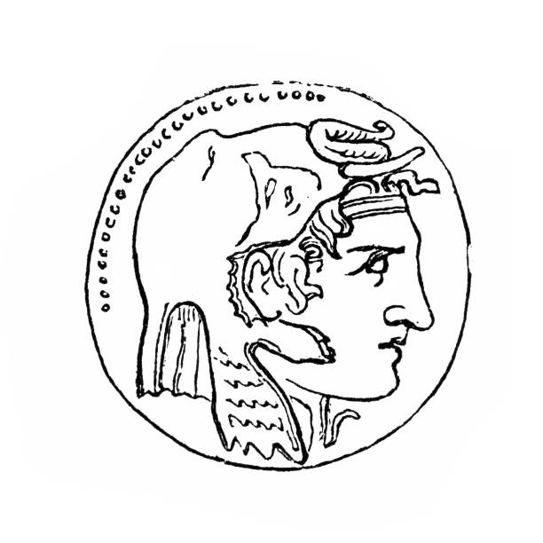 ilustraciones, imágenes clip art, dibujos animados e iconos de stock de alejandro como el conquistador de la india en una moneda del rey ptolomeo i - enrique iii de inglaterra