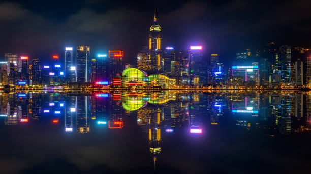 istock Cityscape with skyscraper at night in Hong Kong. 1347617799