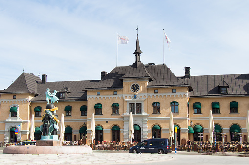 Sweden, Uppsala - April 19 2019: front view of the central railway station old building on April 19 2019 in Uppsala, Sweden.