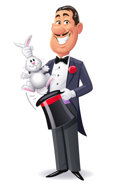 Magician Pulling Rabbit Out Of Hat Vector illustration of a smiling magician pulling a cute white rabbit out of his hat, isolated on white. rabbit hat stock illustrations