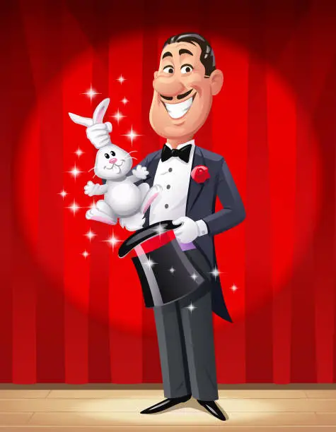 Vector illustration of Magician On Stage Pulling Rabbit Out Of Hat