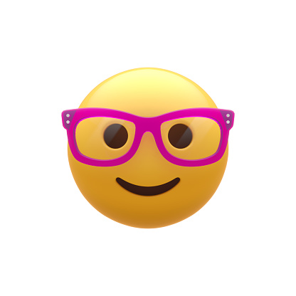 3d rendering of emoji sunglasses with smiley face on yellow background.