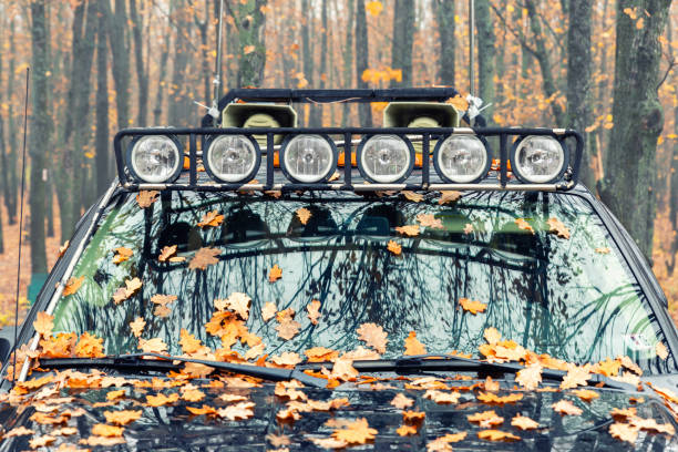 Close-up detail view of custom made roof rack bar with extra headlight mounted on roof of heavy duty pick up suv car against foggy autumn forest. Fallen leaves vehicle windshield. Fall weather drive. vista detallada de cerca de la barra de portaequipajes de techo hecha a medida con faro adicional montado en el techo de un automóvil suv pick up de servicio pesado contra el bosque de otoño brumoso. el parabrisas del vehículo de hojas caídas. viaje me