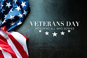 Veterans day. Honoring all who served. American flag on cement background