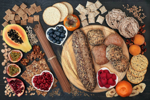 Healthy high fibre super food concept with foods high in antioxidants, stock photo