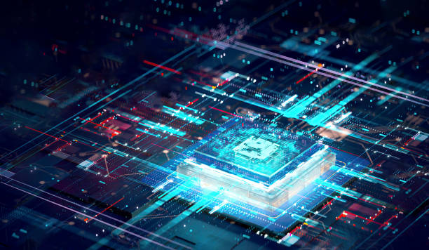 renderização 3d de ia cyberpunk. placa. experiência em tecnologia. cpu e gpu de processadores de computador central. chip digital motherboard. formação em ciência tecnológica. processador de comunicação integrado. - circuit board abstract boarding technology - fotografias e filmes do acervo