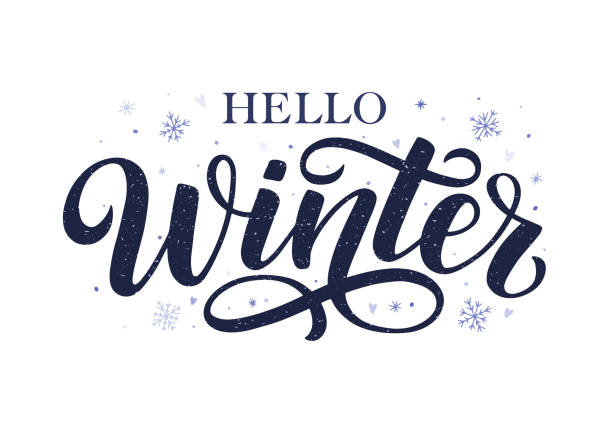 Hello winter hand-sketched lettering Hello winter hand-sketched lettering quote decorated by snowflakes and hearts. Season greeting winter concept as a template for card, postcard, poster, banner. Vector illustration december calligraphy stock illustrations