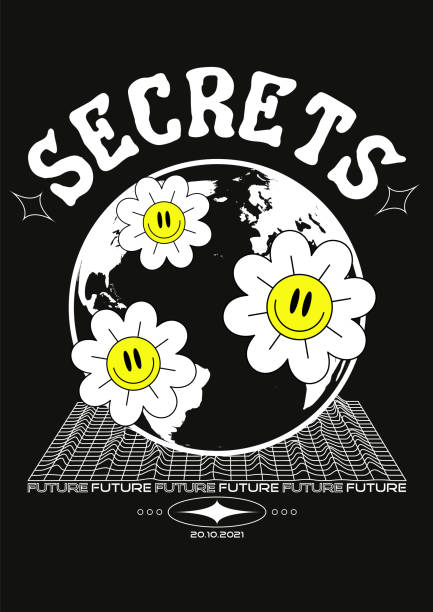 Abstract poster with text secrets, planet earth and flowers. In Acid style, stylish print for streetwear, print for t-shirts and hoodies, isolated on black background Abstract poster with text secrets, planet earth and flowers. In Acid style, stylish print for streetwear, print for t-shirts and hoodies, isolated on black background acid stock illustrations
