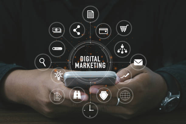 istock Marketing concept with person using  laptop computer, tablet and smart phone in office with virtual icon diagram.Digital Marketing Concept. 1347634721