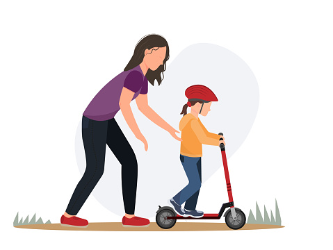 Young woman, mother teach daughter, girl to ride a scooter, healthy lifestyle concept, family concept, flat vector illustration