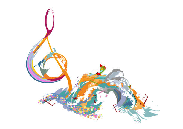 Abstract musical design with a treble clef and colorful splashes, notes and waves.  Colorful treble clef. Abstract musical design with a treble clef and colorful splashes, notes and waves.  Colorful treble clef. Hand drawn vector illustration. guitar borders stock illustrations
