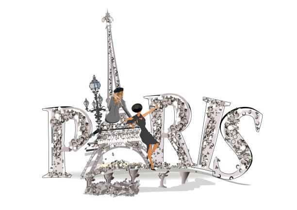 дизайн с надписями и эйфелевой башней, модные девушки, бриллианты в романтическом париже. - eiffel tower paris france famous place france stock illustrations