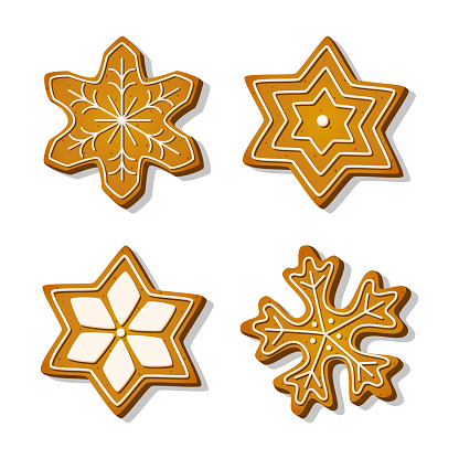 Christmas cookies gingerbread in shape of star and snowflake with sugar glazed in a cartoon style. Festive sweet cookies on white background. Homemade dessert. Vector illustration.