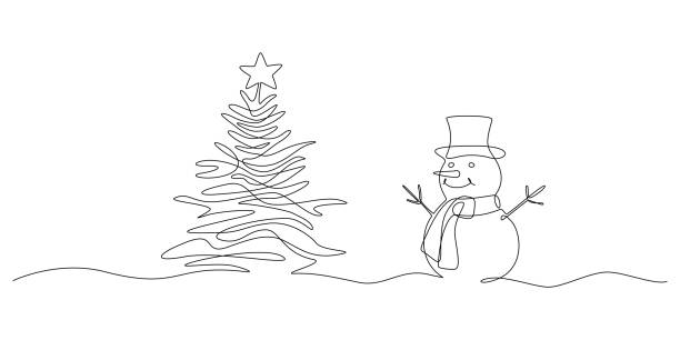 Continuous one line drawing of christmas tree and Snowman in hat with scarf. Festive Winter card in doodle style. Liner Vector illustration Continuous one line drawing of christmas tree and Snowman in hat with scarf. Festive Winter card in doodle style. Liner Vector illustration. white background sign snow winter stock illustrations