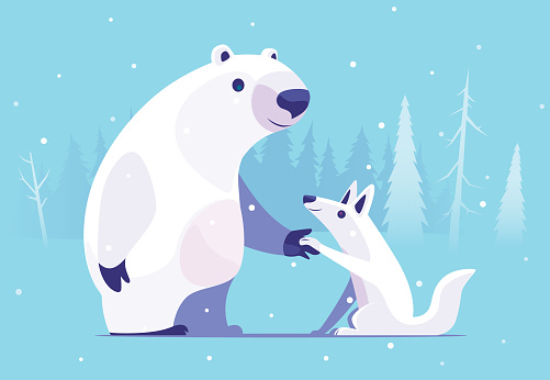 vector illustration of bear meeting wolf and shaking hands